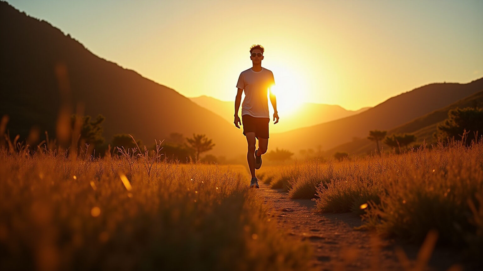 Óculos de Sol para Correr: Vale a Pena Investir em um Modelo Específico? Corredor brasileiro sorridente com óculos de sol esportivos em trilha ensolarada.