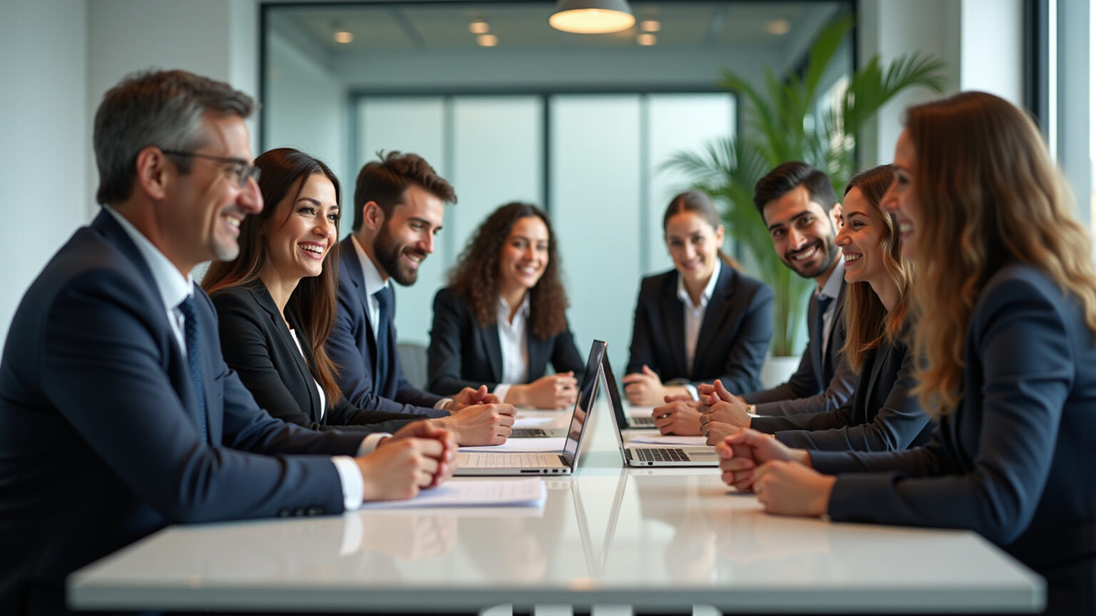 Advogados brasileiros sorrindo e colaborando em um escritório moderno, discutindo planos de saúde.