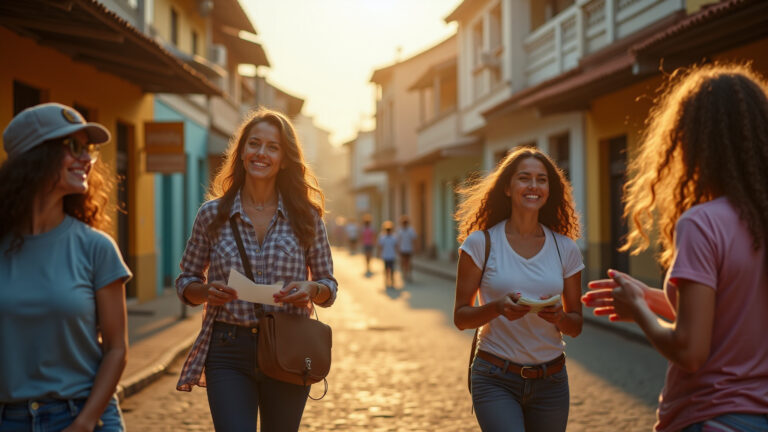 Cena de cidade pequena brasileira com carteiro e moradores sorrindo.
