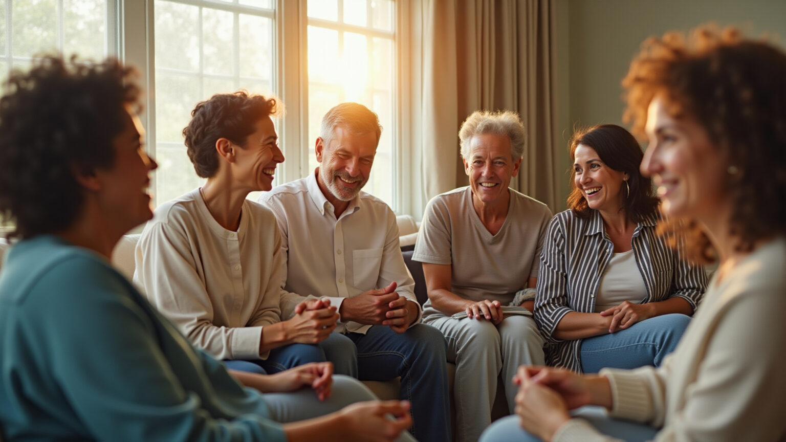 Adultos brasileiros sorrindo discutindo plano de saúde em sala moderna.