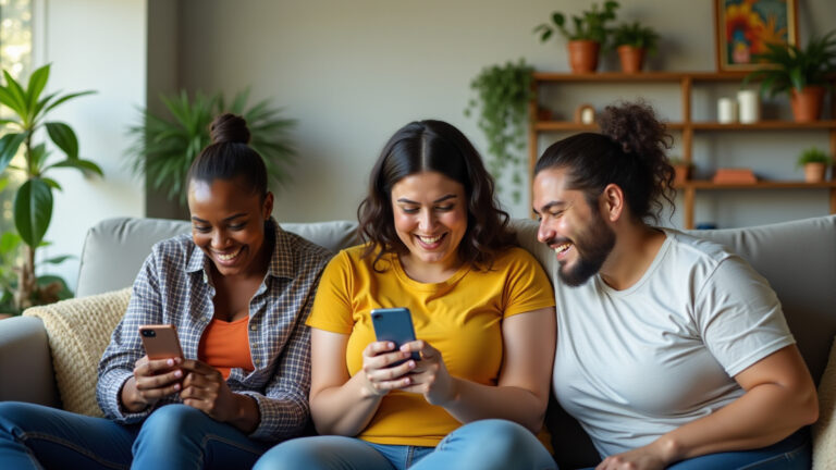 Aplicativo que Dá Dinheiro em 2026: Testei e o Veredito é Surpreendente Pessoas brasileiras diversas sorrindo e usando celular para ganhar dinheiro com apps.