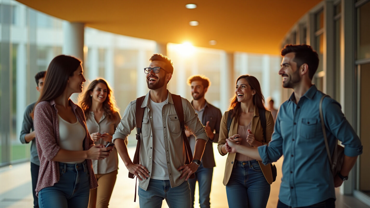 Jovens profissionais brasileiros fazendo networking em uma universidade moderna.