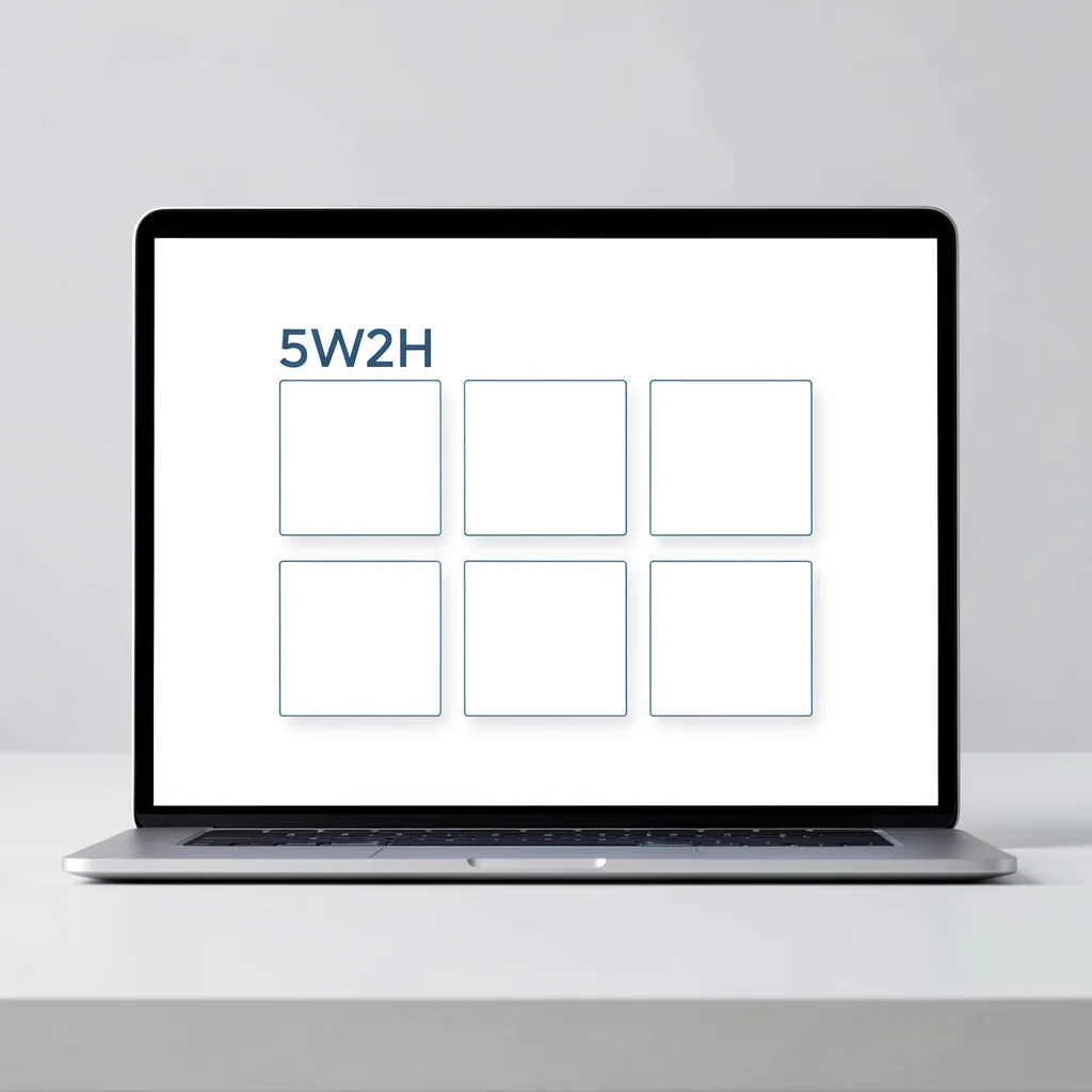 Mockup de tablet exibindo template visual do framework 5W2H com campos vazios em grid, estilo corporativo minimalista