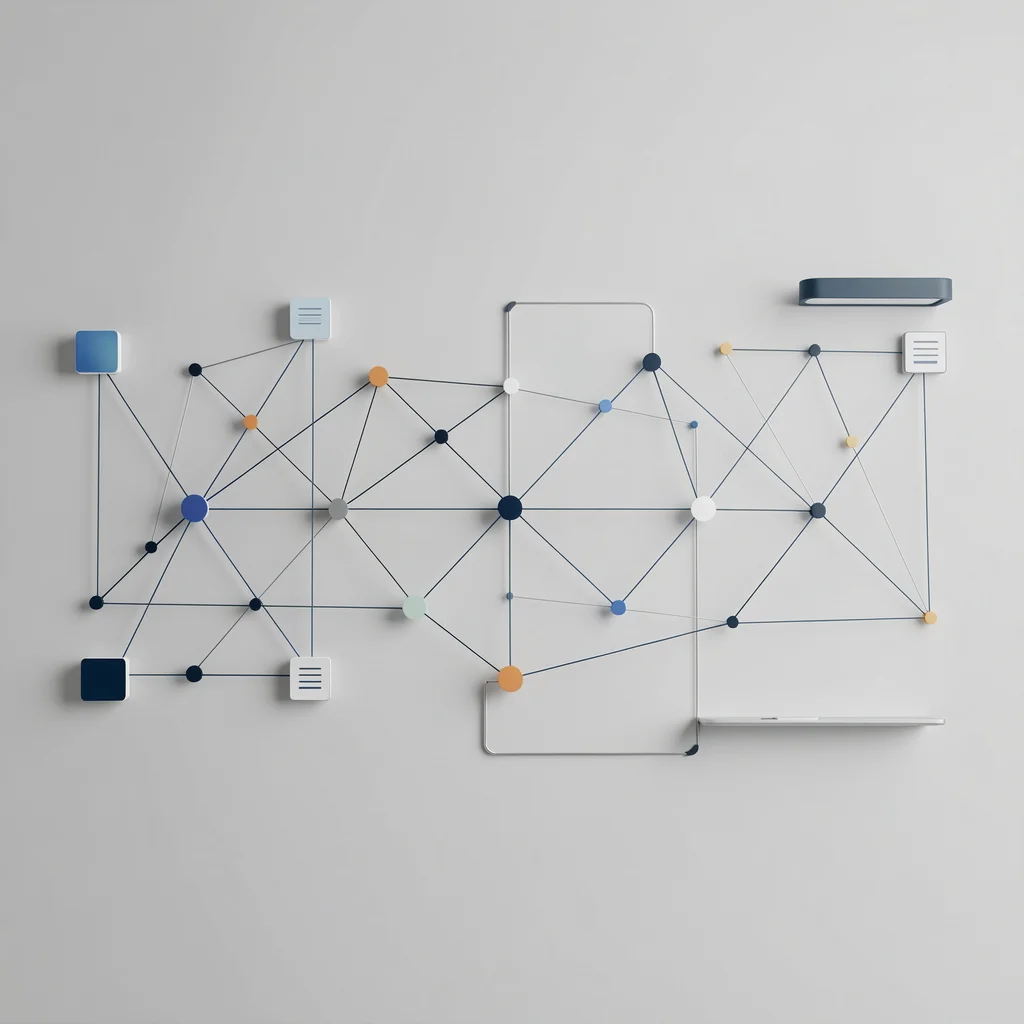 Visualização abstrata de dados com nós conectados representando quadros Obeya digitais para metodologia ágil