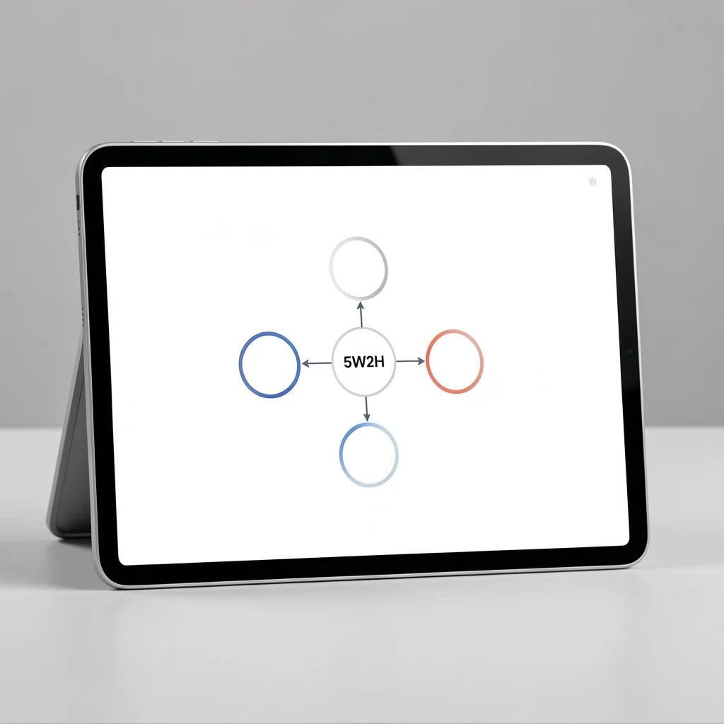 Tablet exibindo diagrama abstrato do método 5W2H para análise de problemas