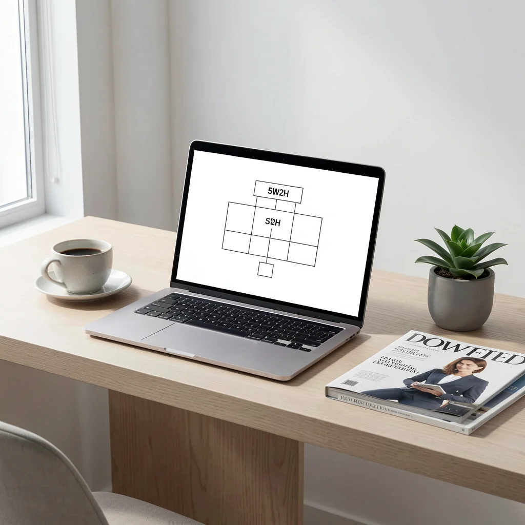 Mesa de home office minimalista com laptop mostrando diagrama abstrato 5W2H, café e planta