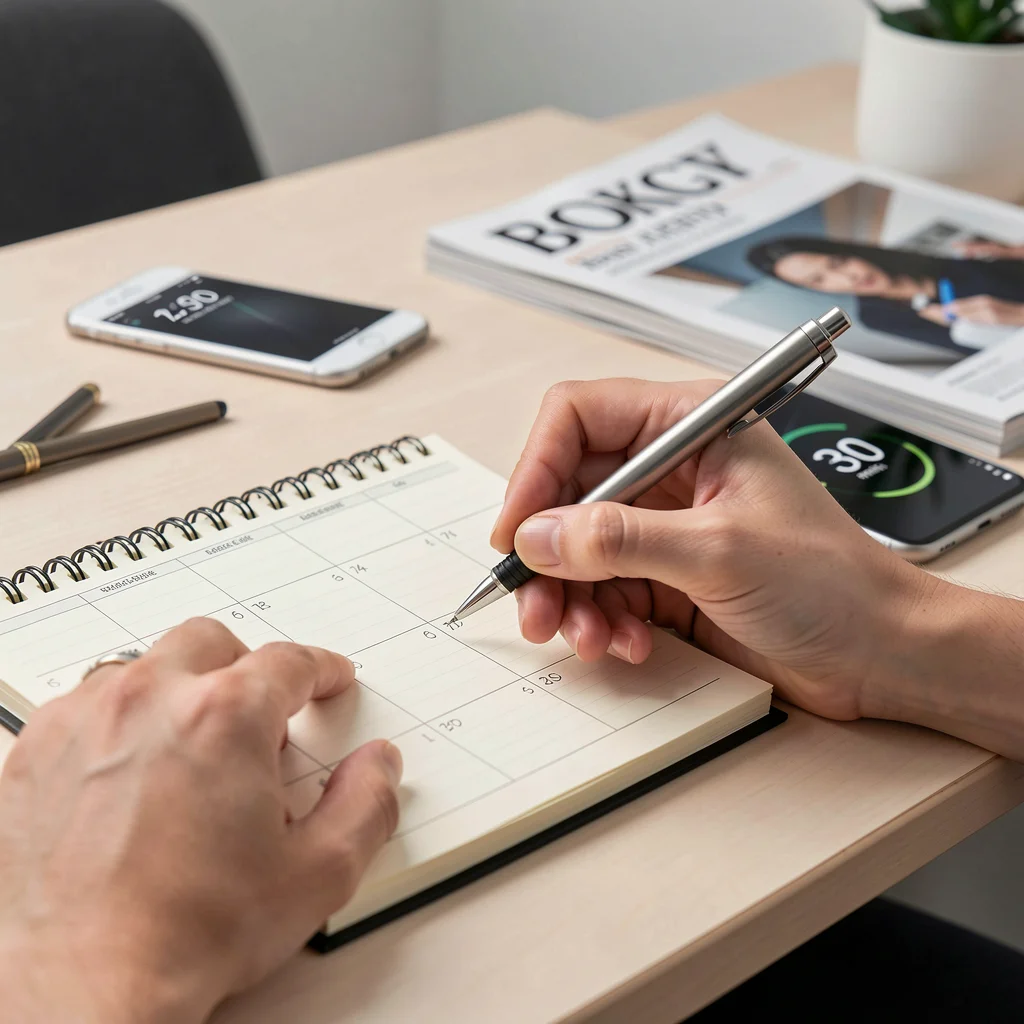 Mãos escrevendo em planner de papel com smartphone ao lado mostrando cronômetro