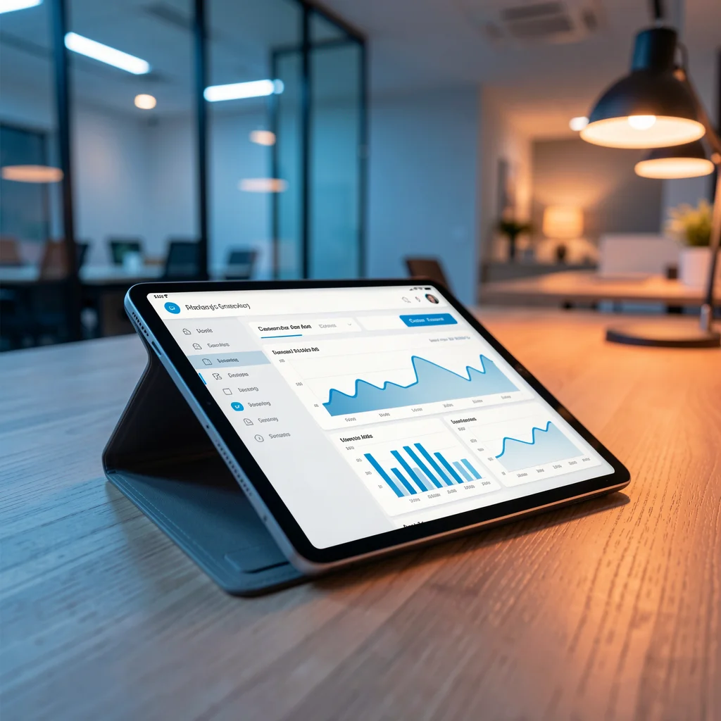 Tablet sobre mesa de escritório moderno exibindo gráficos de dados financeiros com iluminação profissional.