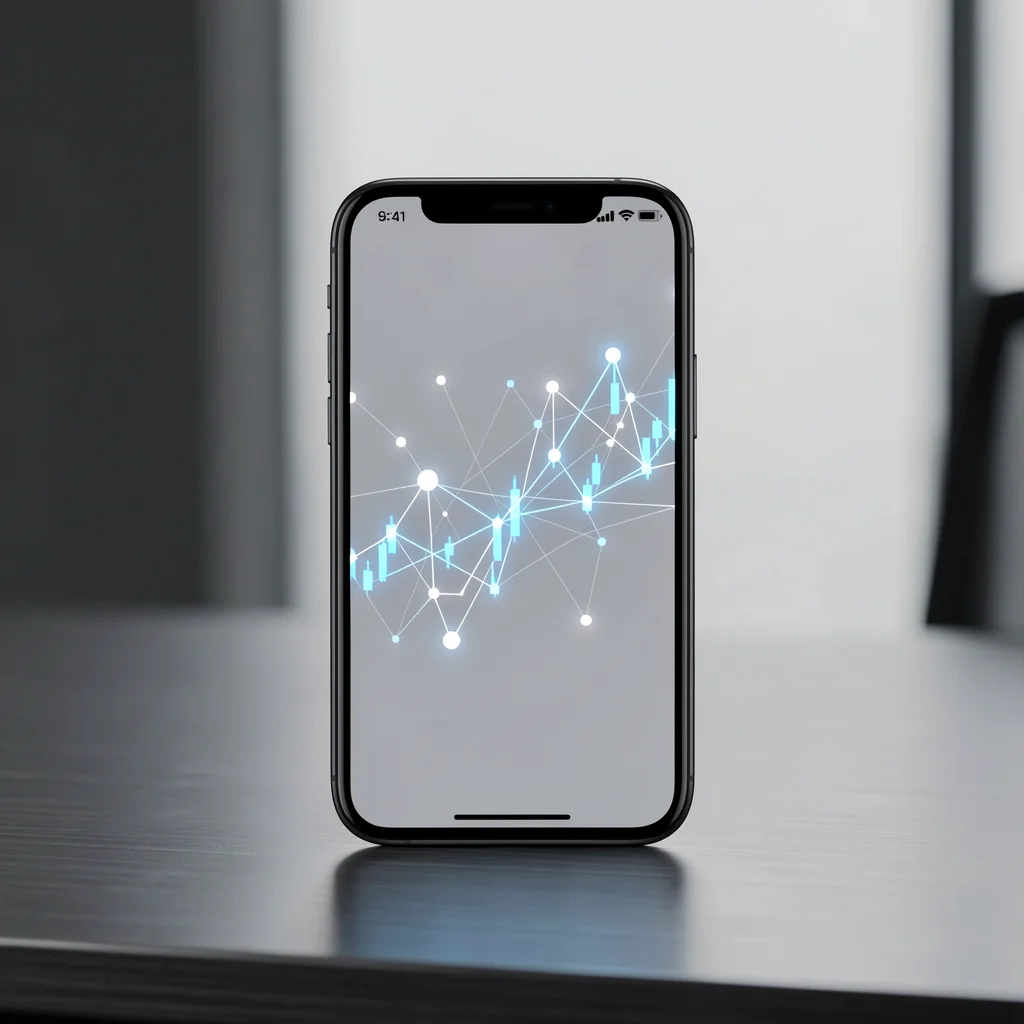 Smartphone exibindo dashboard financeiro minimalista sobre mesa de alumínio escovado.