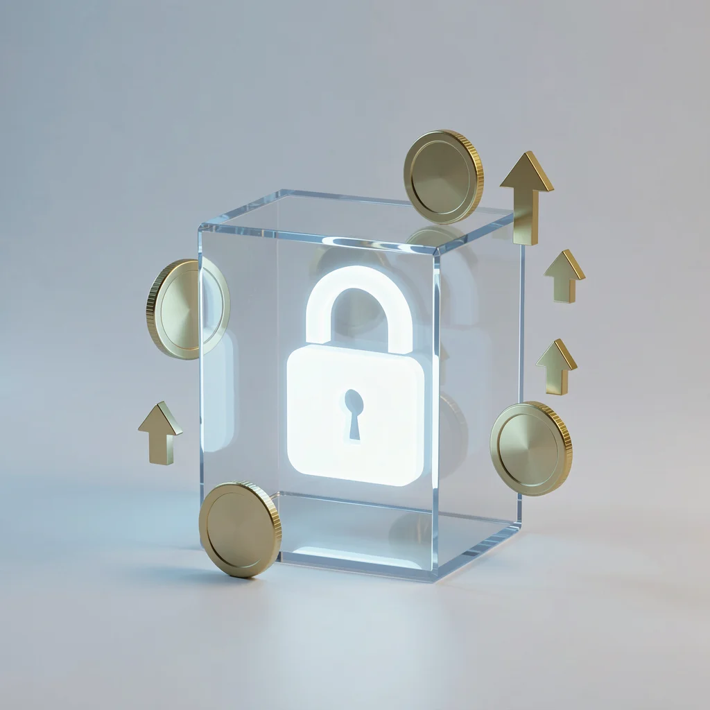 Cadeado digital e moedas flutuando em cubo de vidro representando segurança e crescimento
