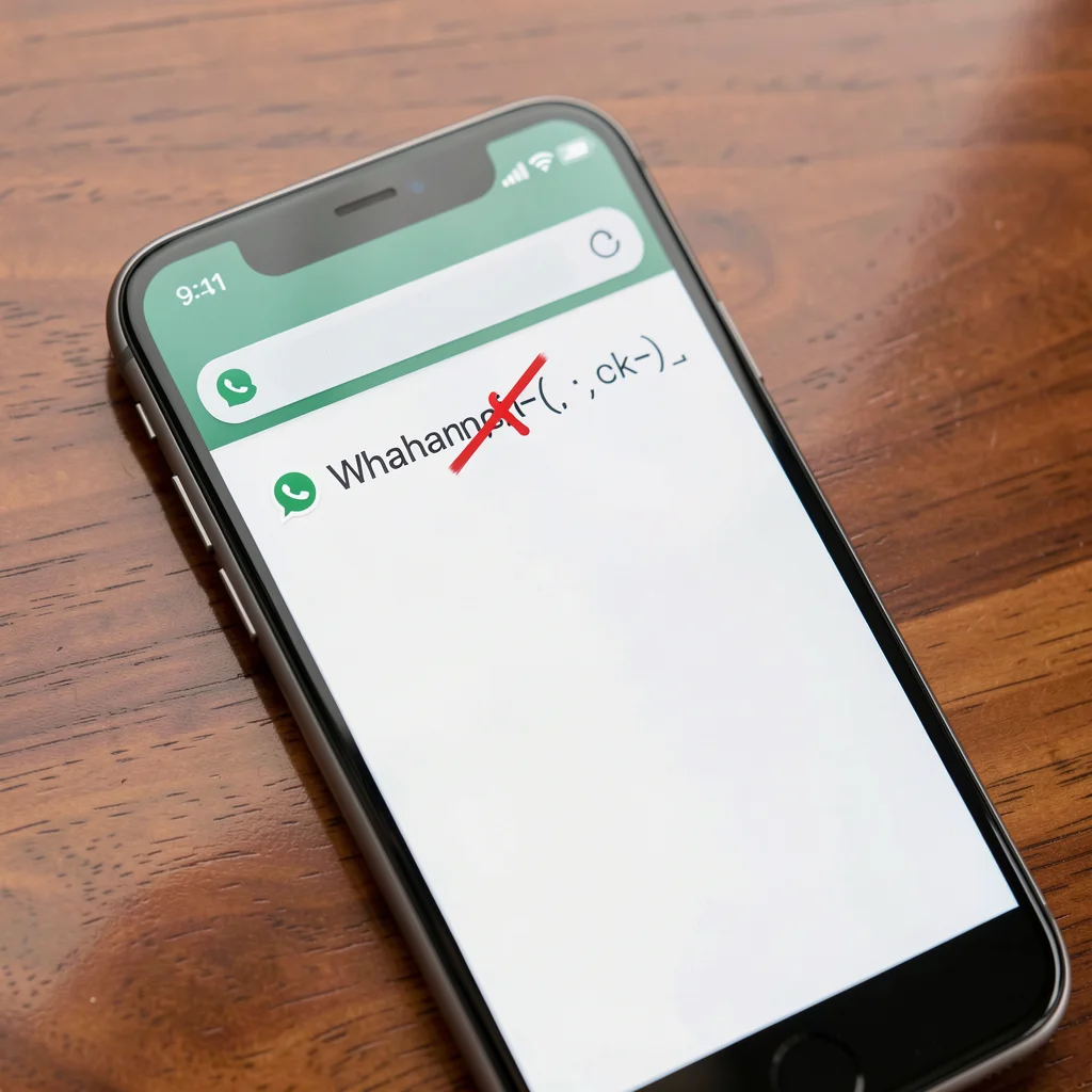 Smartphone sobre mesa de madeira mostrando link do WhatsApp formatado incorretamente no navegador, com destaque em vermelho.