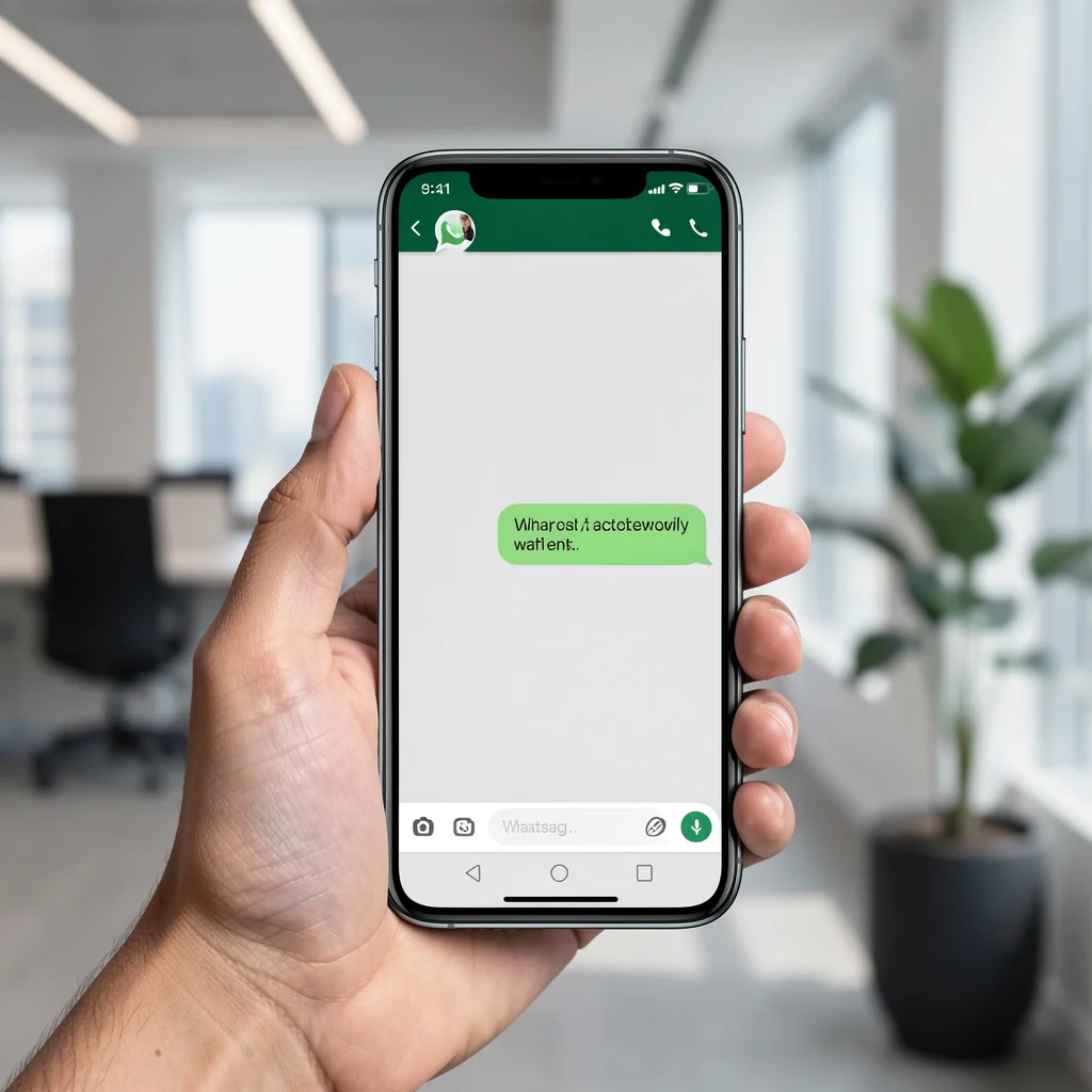 Mão segurando smartphone exibindo tela do WhatsApp com mensagem automática pré-preenchida em destaque.