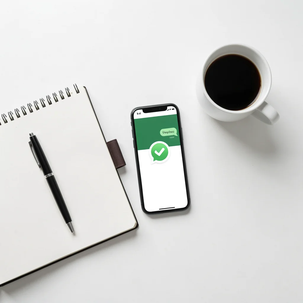Mesa com smartphone, bloco de notas e café, representando o checklist de teste antes de divulgar o link.