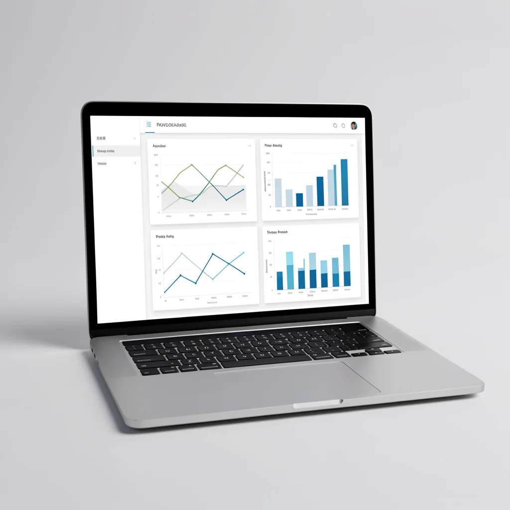 Captura de tela de software de análise de produtos para afiliados Amazon, com gráficos abstratos em laptop prateado