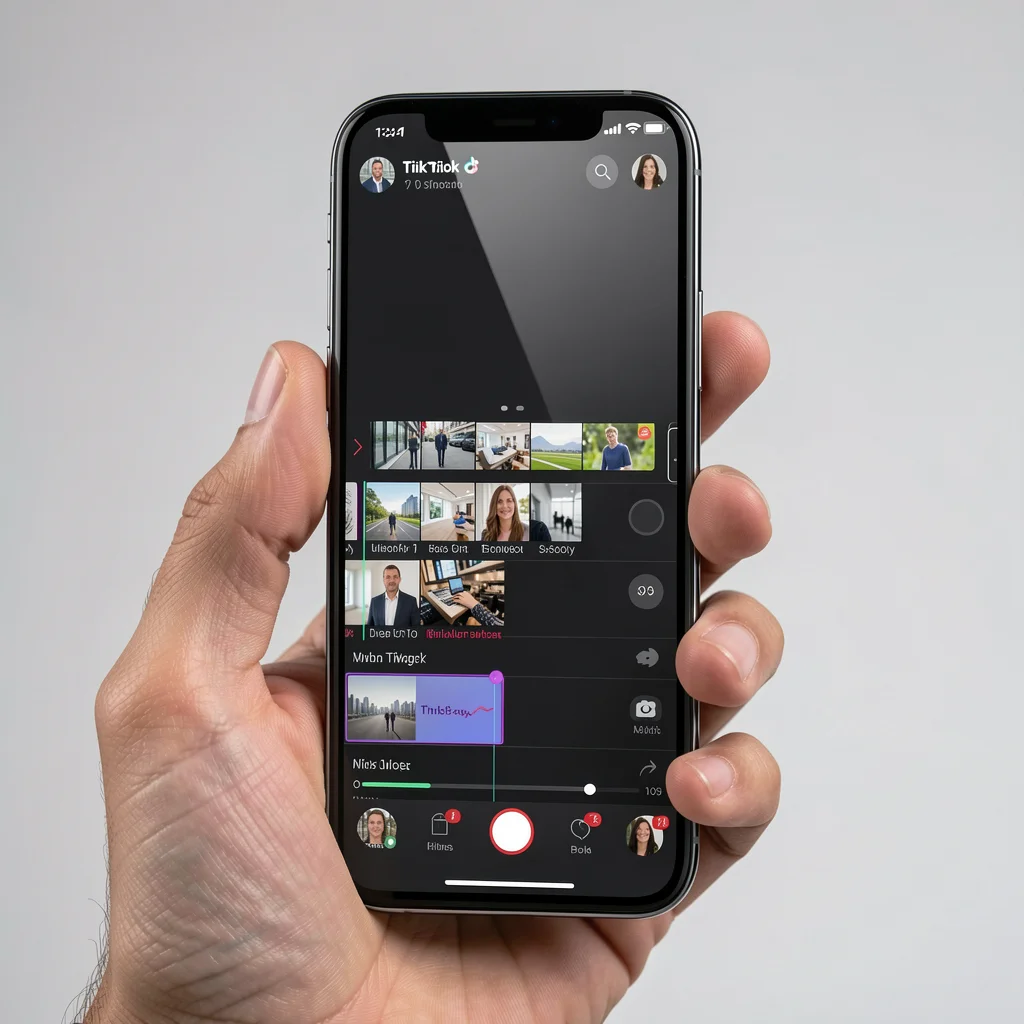 Smartphone exibindo interface de edição de vídeo do TikTok com linha do tempo e storyboard
