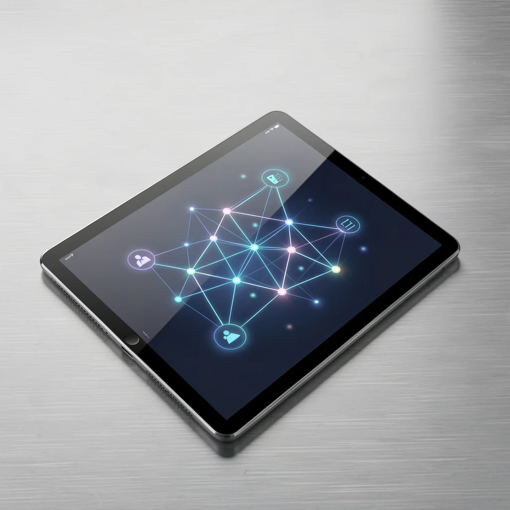 Mockup de tablet com dashboard abstrato de inteligência artificial exibindo rede neural