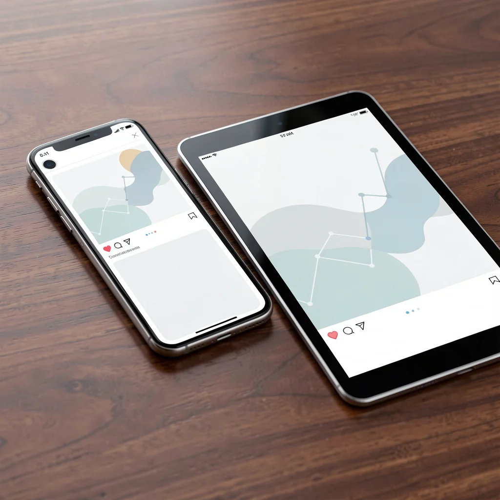 Smartphone e tablet em mesa de madeira com telas de anúncios abstratos, representando anúncios em redes sociais para profissionais liberais
