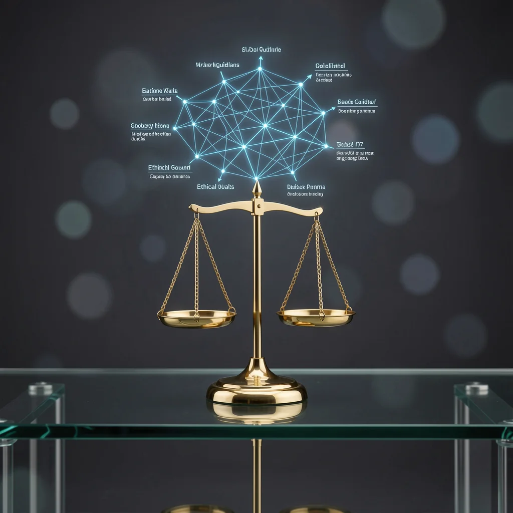 Balança da justiça em vidro com rede digital azul flutuando, simbolizando ética e regulamentação em anúncios para profissionais liberais