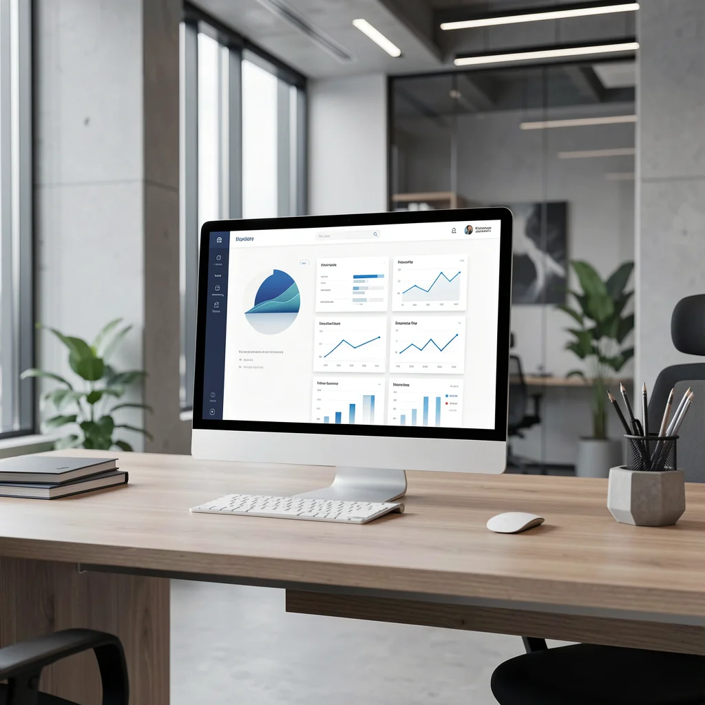 Dashboard analítico abstrato em tela de dispositivo premium com gráficos elegantes e iluminação suave