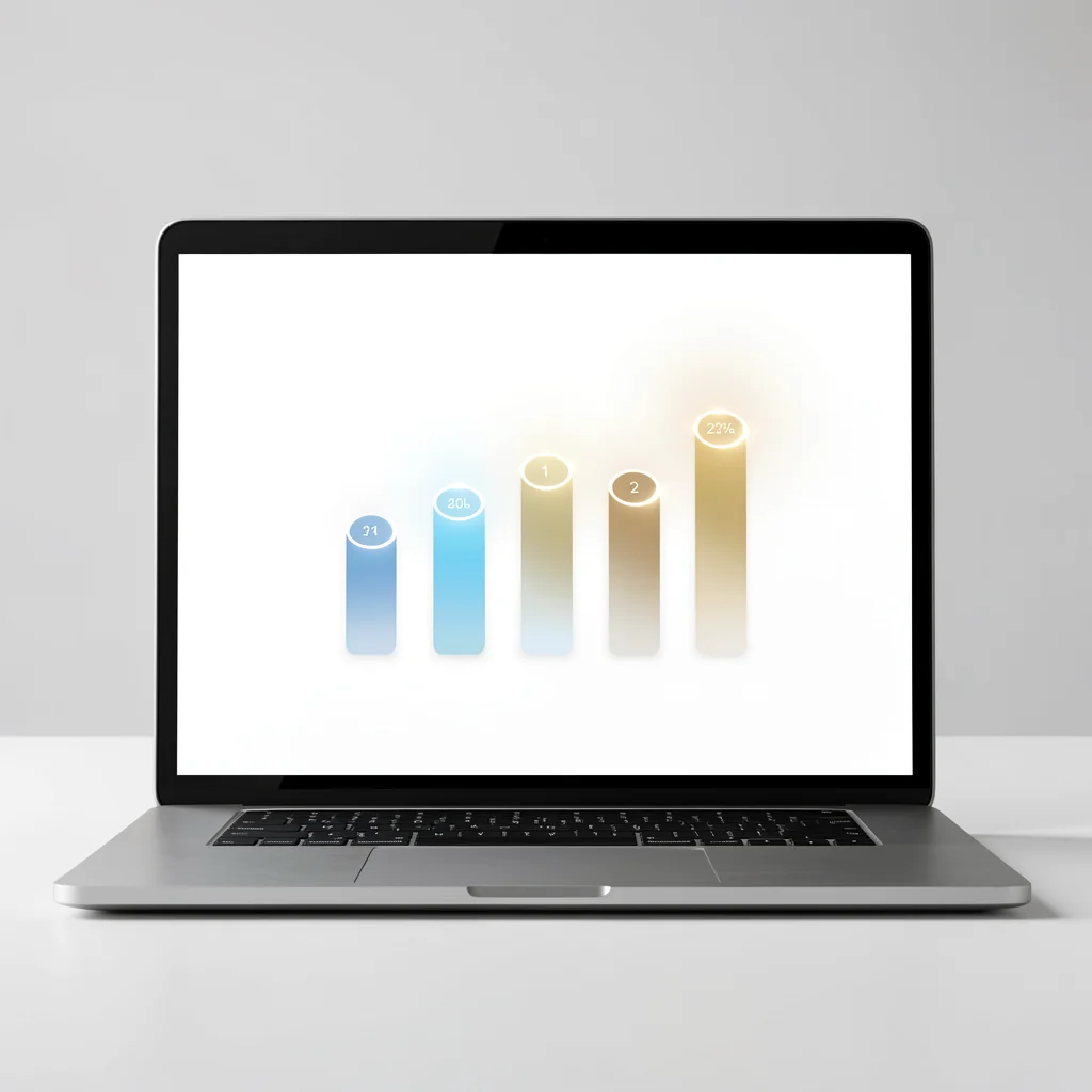 Dashboard minimalista em laptop exibindo cinco métricas abstratas em barras luminosas azuis e douradas