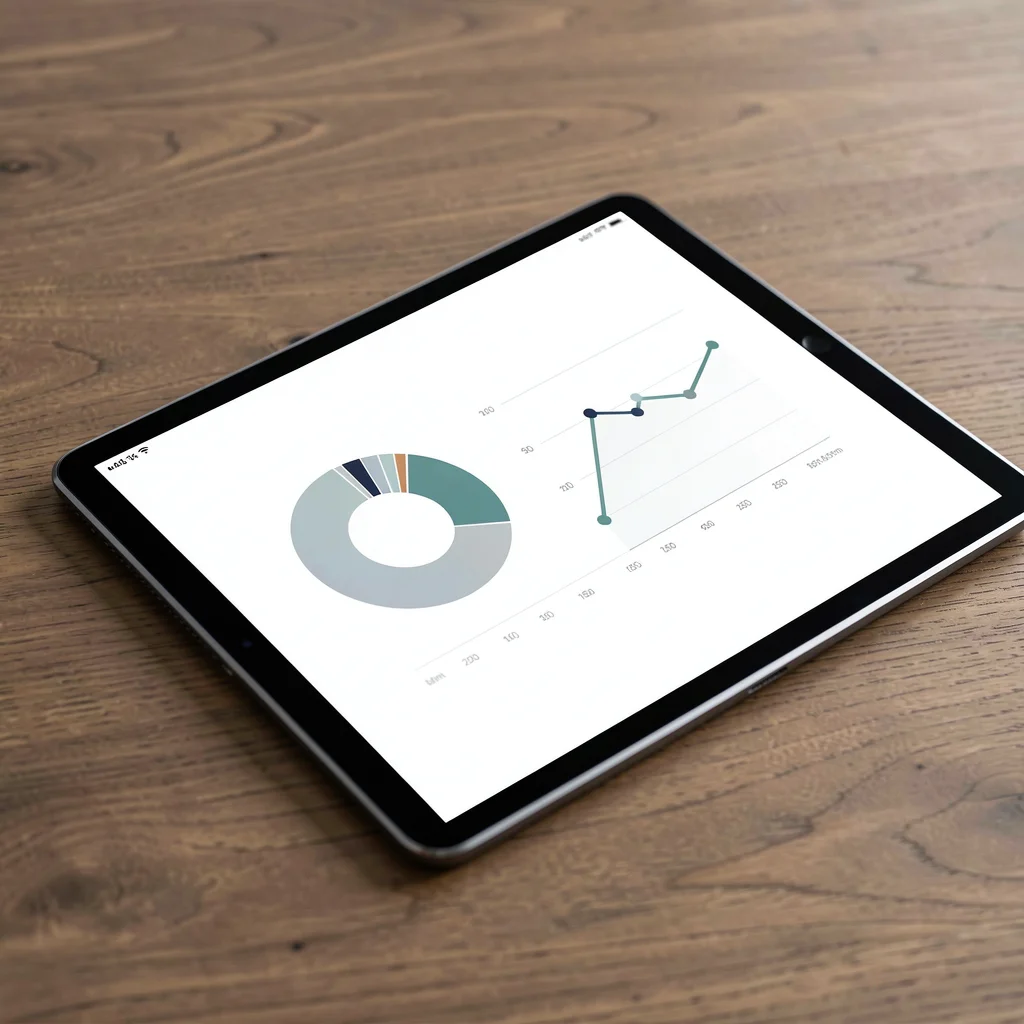 Tablet sobre mesa de madeira exibindo dashboard analítico com gráficos abstratos em cores corporativas