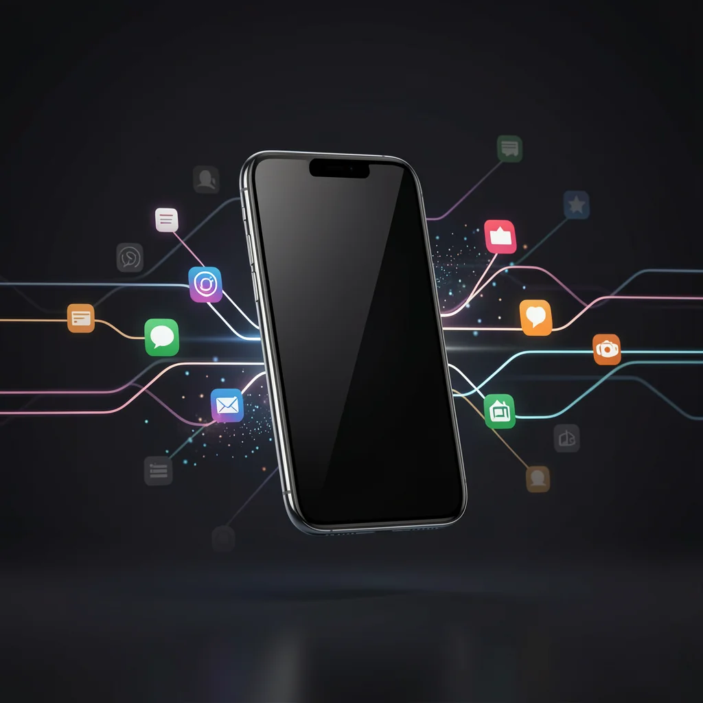 Smartphone flutuando com linhas de conexão abstratas e ícones de aplicativos como partículas de luz em fundo escuro