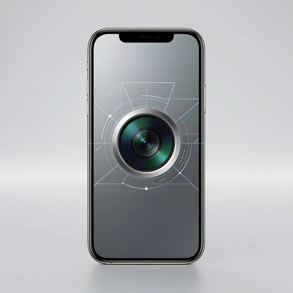 Smartphone minimalista com interface de câmera abstrata e linhas de realidade aumentada flutuando sobre a tela