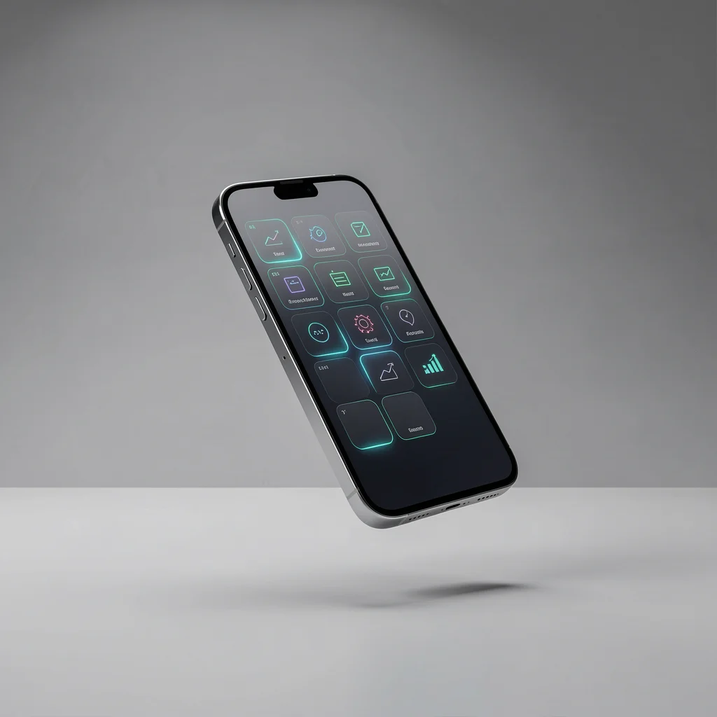 Smartphone premium flutuante em estúdio minimalista com tela mostrando ícones modulares abstratos e iluminação suave
