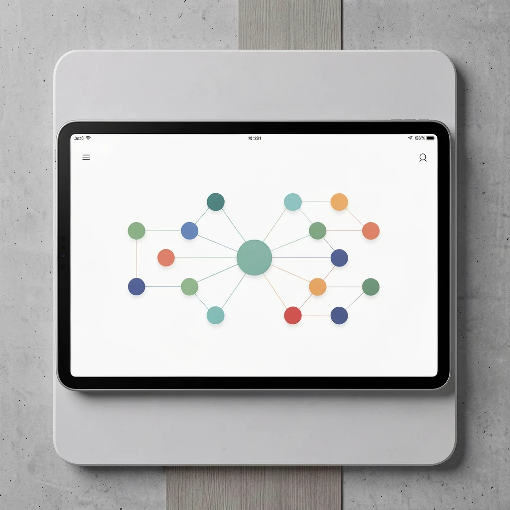 Tablet mostrando infográfico abstrato de matriz de decisão com nós coloridos e linhas de conexão