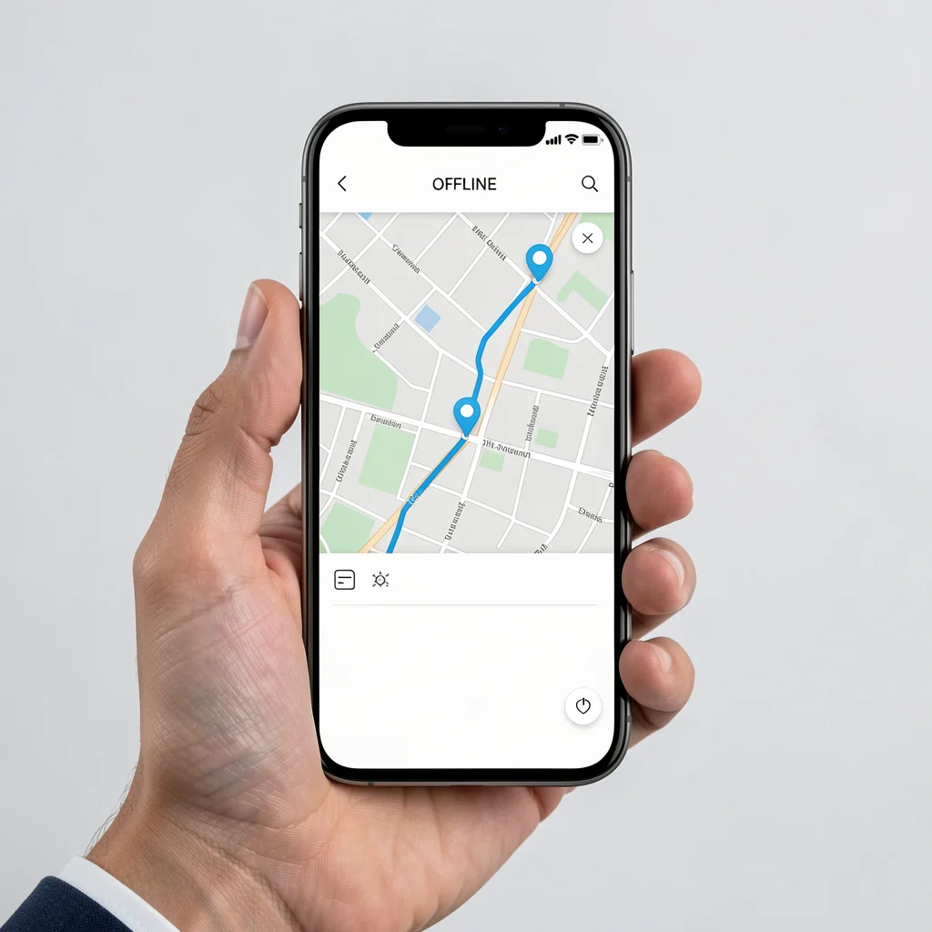 Smartphone com tela de navegação offline mostrando rota e pin de localização