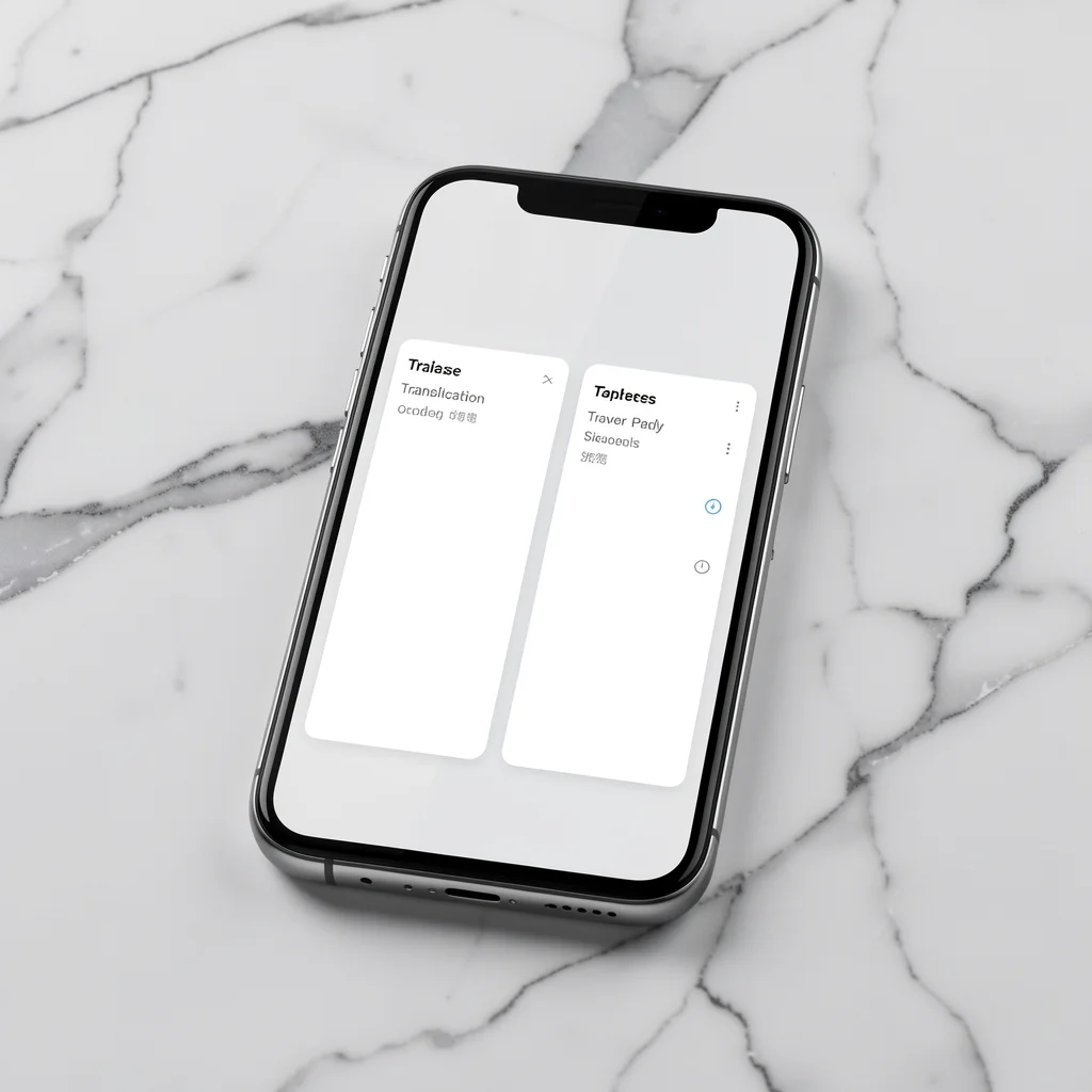 Smartphone com aplicativo de tradução offline exibindo dois idiomas lado a lado
