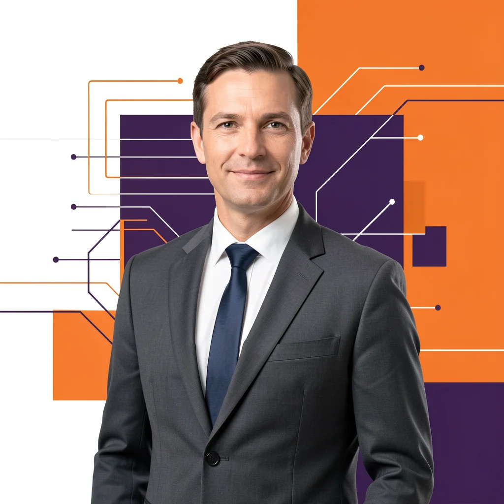 Profissional corporativo em um ambiente de escritório moderno com elementos gráficos abstratos em laranja e roxo.