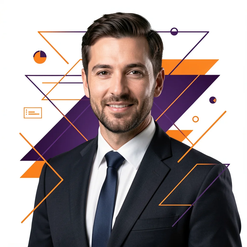 Retrato profissional de um empreendedor com elementos gráficos geométricos em laranja e roxo sobre fundo branco.