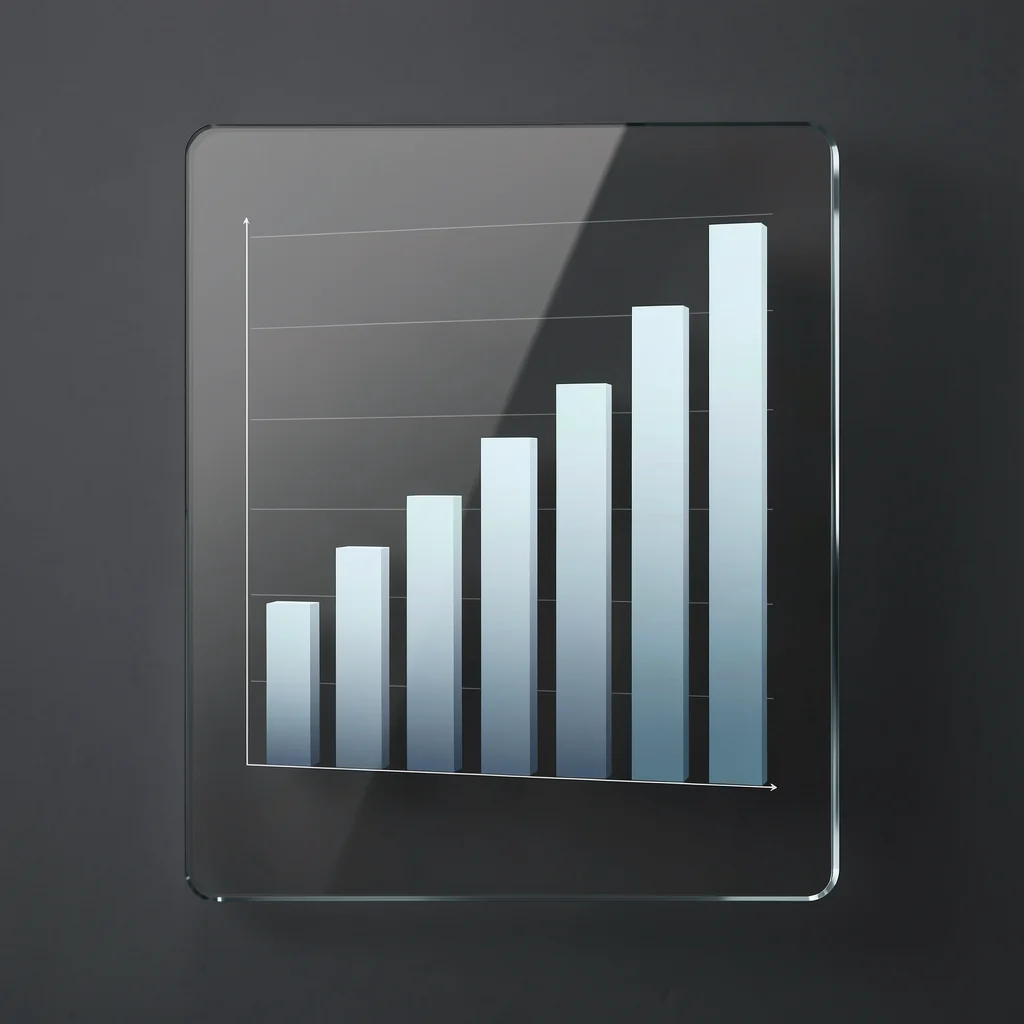 Gráfico de barras abstrato em superfície de vidro escuro representando faixas de custo de assessoria jurídica digital, estilo financeiro moderno.