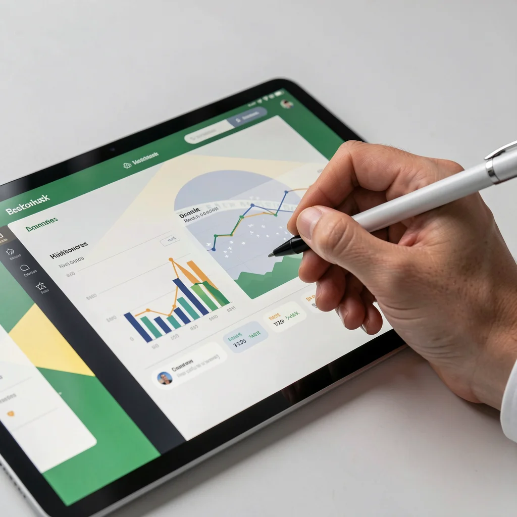 Mão usando caneta stylus para assinar documento digital em tablet, com bandeira do Brasil ao fundo