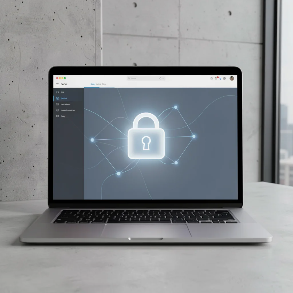 Notebook exibindo interface de compartilhamento seguro de documentos com cadeado