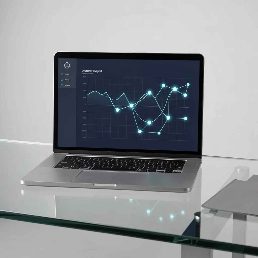 Dashboard de atendimento ao cliente em laptop premium com gráficos abstratos e nós de comunicação