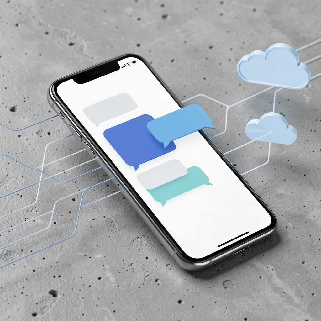 Smartphone com interface de chatbot e conexões em nuvem sobre superfície de concreto
