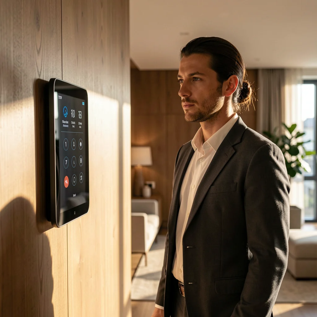Profissional de design de interiores observando painel de automação residencial em ambiente moderno.