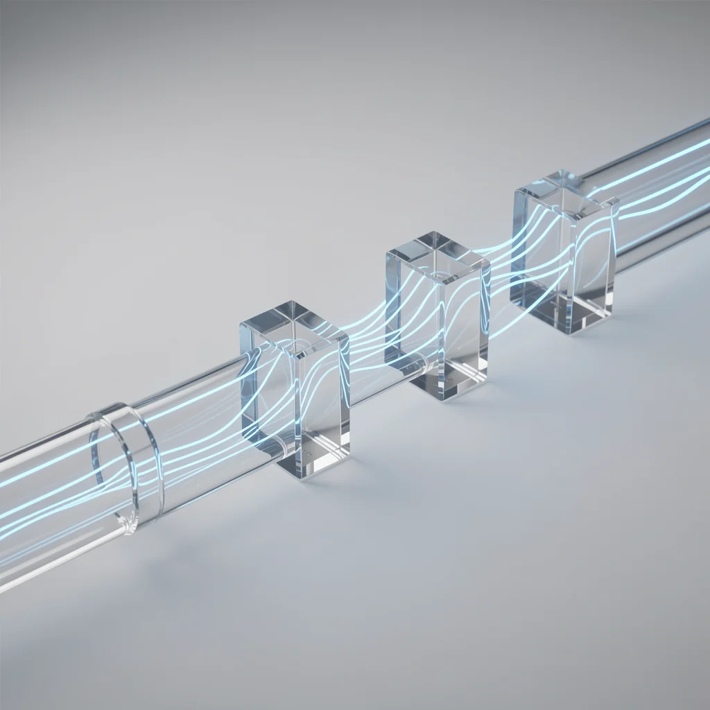 Metáfora visual de continuous benchmarking com tubos de vidro e luz azul fluindo em pipeline de CI/CD