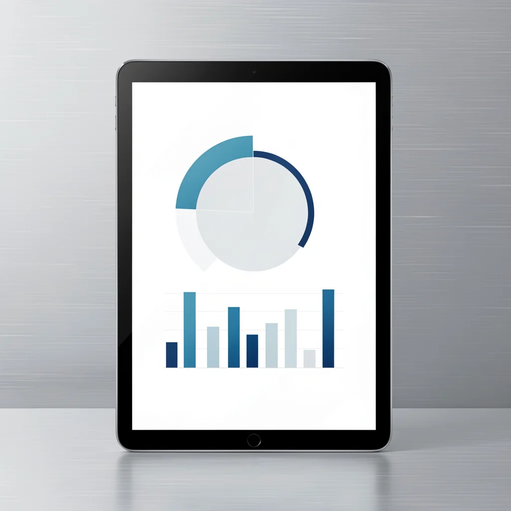 Tablet com dashboard minimalista exibindo gráficos comparativos abstratos de benchmark
