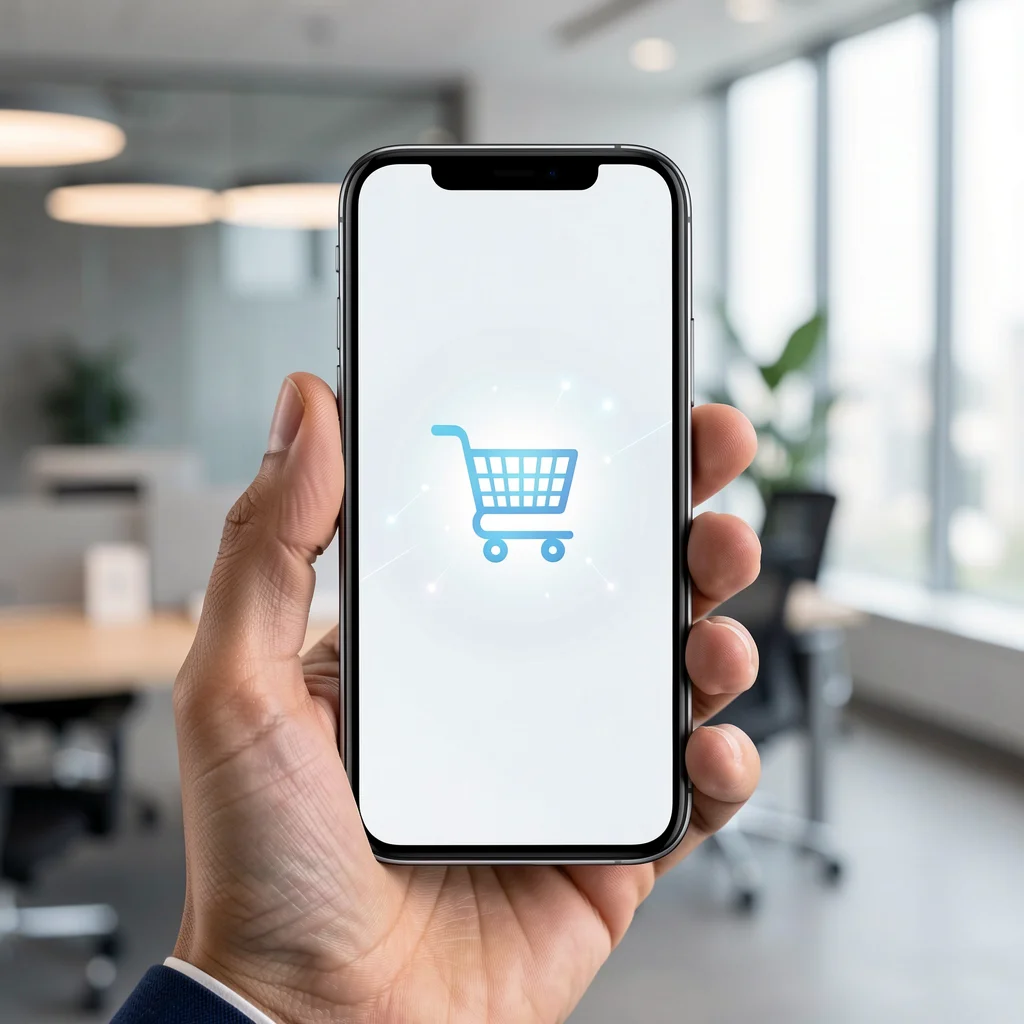 Smartphone moderno exibindo uma interface limpa de notificação de e-commerce em um ambiente de escritório premium.