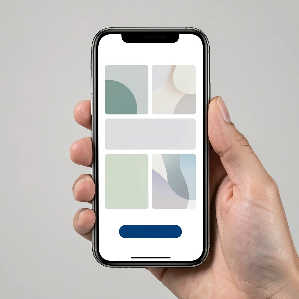 Smartphone exibindo landing page mobile longa com blocos de conteúdo abstratos e botão de conversão, em estilo editorial corporativo