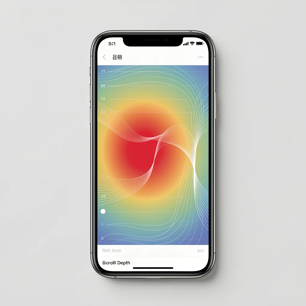 Smartphone com heatmap de scroll mostrando ponto de abandono do usuário em landing page mobile