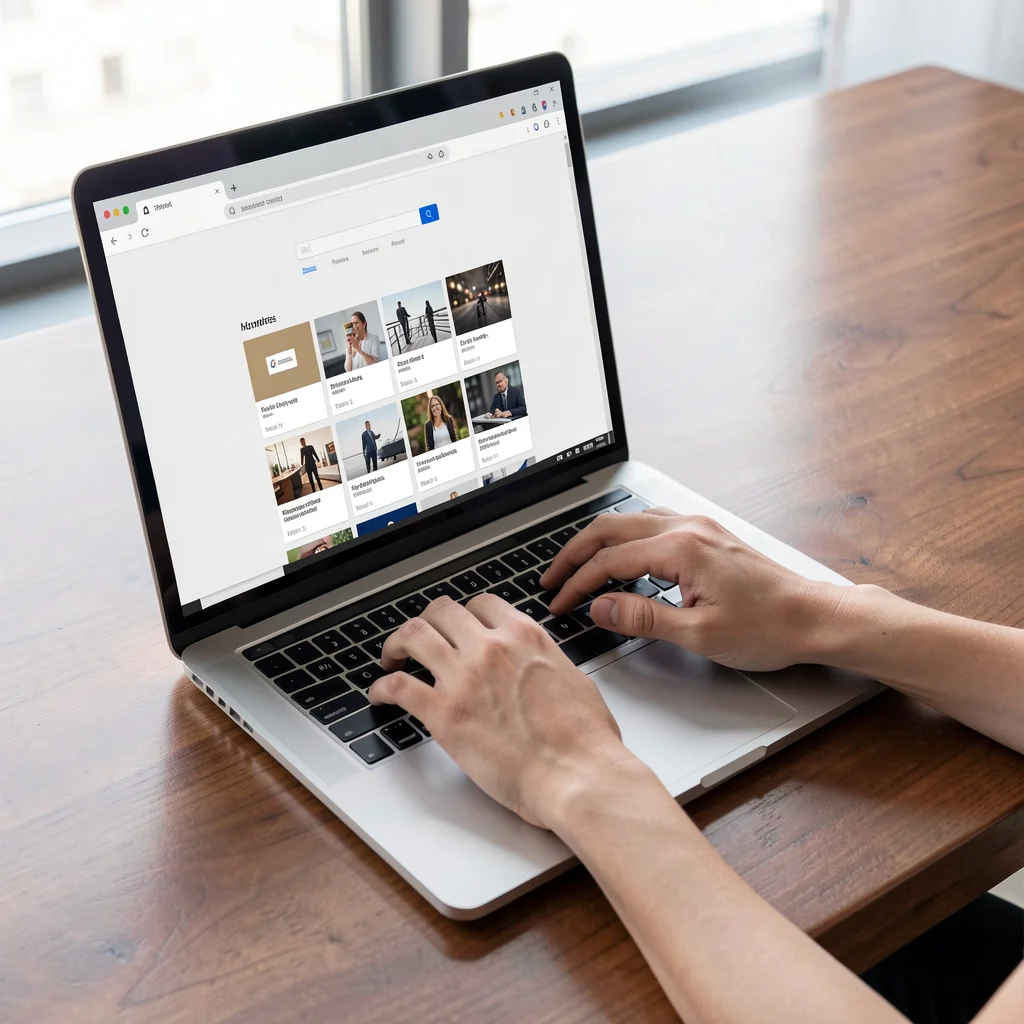 Pessoa digitando em laptop prateado com tela mostrando interface da Biblioteca de Anúncios do Facebook em mesa de madeira