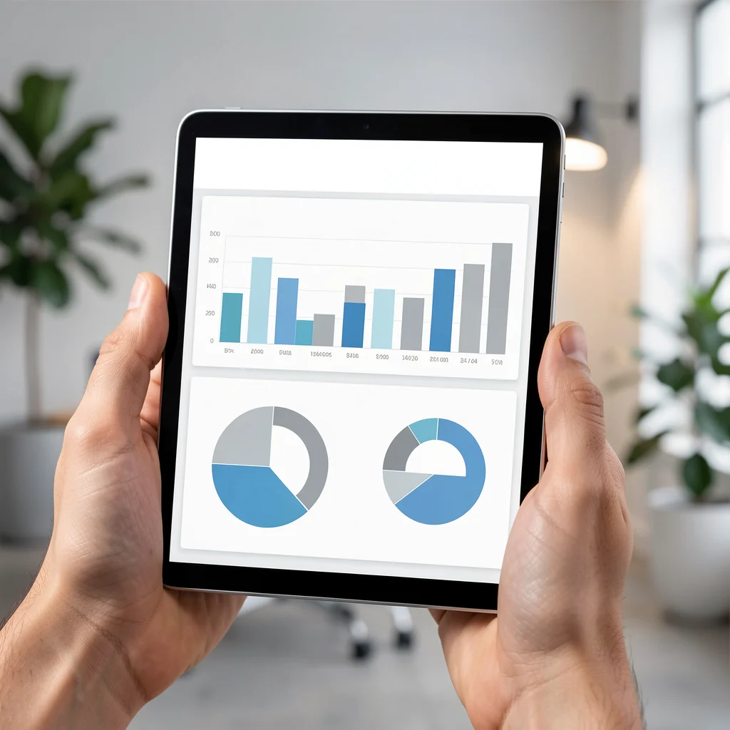 Tablet sendo segurado por mão exibindo dashboard com gráficos abstratos para análise de concorrentes em escritório moderno