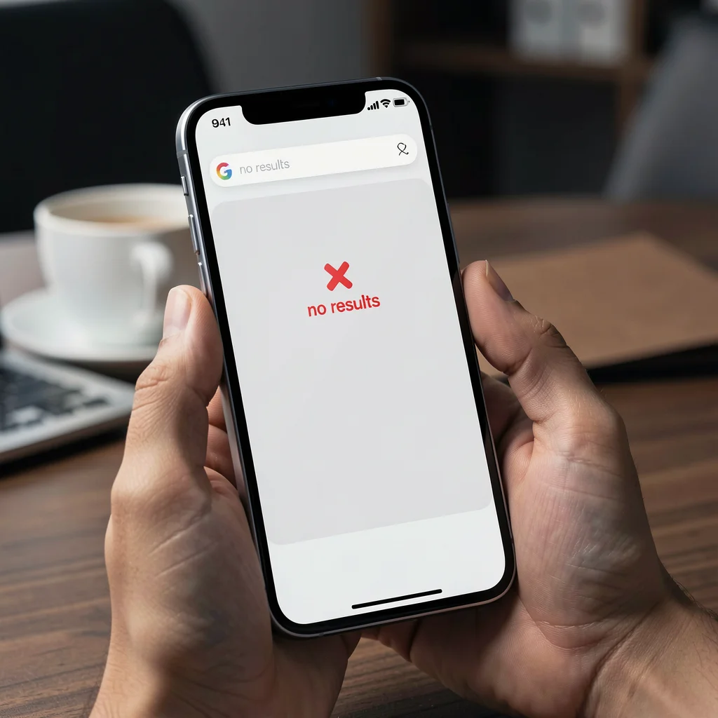 Smartphone sendo segurado por mão com tela exibindo mensagem de erro abstrata em fundo de escritório