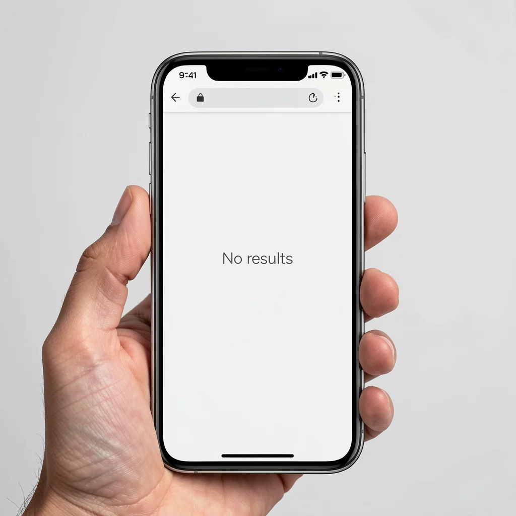 Smartphone exibindo página em branco da Biblioteca de Anúncios do Facebook, com fundo limpo e iluminação suave