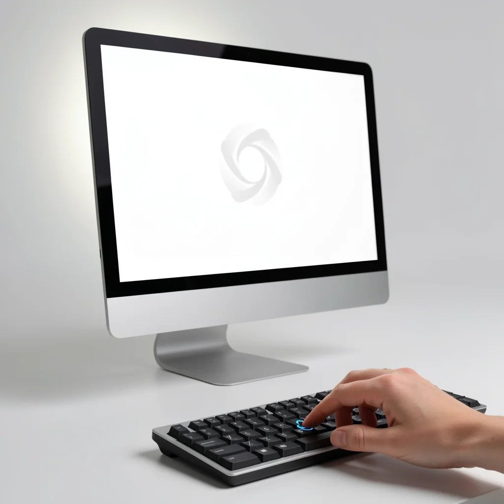Monitor de computador com tela de erro e mão pressionando botão de atualização no teclado