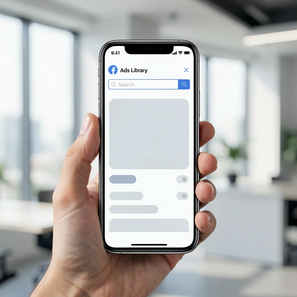Mão segurando smartphone com tela da Biblioteca de Anúncios do Facebook, mostrando busca por concorrentes.